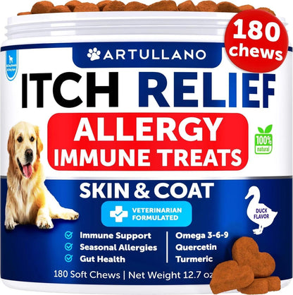 Dog Allergy Relief Chews Itching Skin Relief For Dogs Fish Oil 3 Seasonal Allergies Pills Skin & Coat Anti Itch Hot Spots Treatment Canine Immune Health Supplement 180 Soft Treats