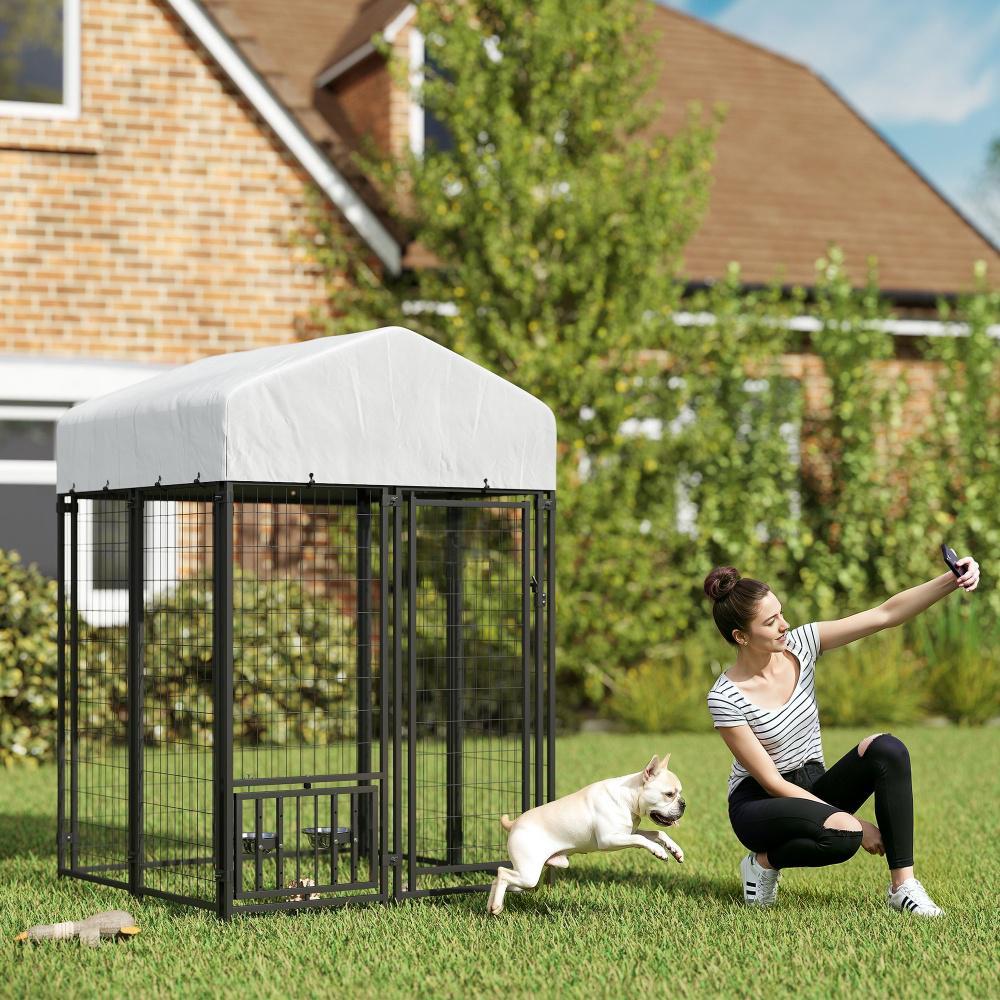 Welded Wire Outdoor Dog Kennel With 360 Rotating & 4 Levels Adjustable Bowls, Waterproof Cover, 3.9 X 3.9 X 6