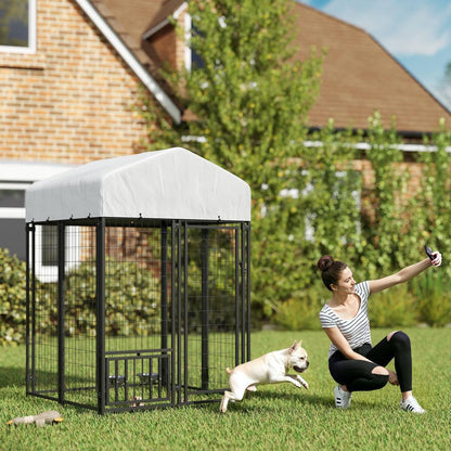 Welded Wire Outdoor Dog Kennel With 360 Rotating & 4 Levels Adjustable Bowls, Waterproof Cover, 3.9 X 3.9 X 6
