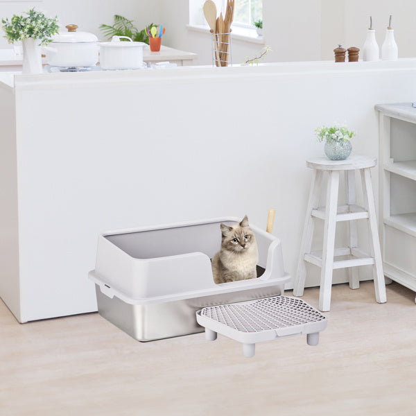61x40x33CM, Litter Box, Stainless Steel And Plastic, Upper And Lower Snap Type, With Litter Spatula, Foot Pad - Grey
