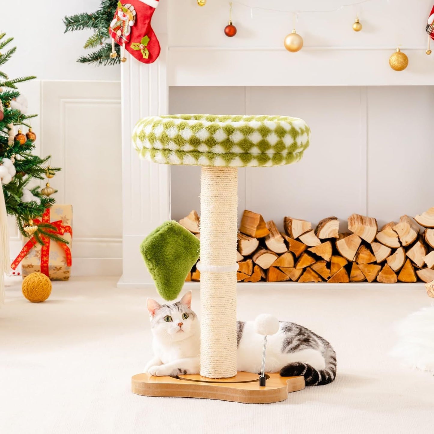 Cat Scratching Post & Bed - 2-in-1 Small Cat Tower With Sisal Scratcher And Ball Track Toys Green, Medium