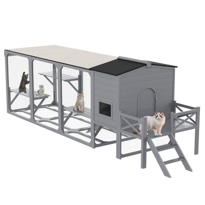 Catio Cat House Outdoor Large Cat Enclosure, Wooden Cat Cage For Multiple Cats With Jumping Platforms And Cat Swing, Removable Waterproof Cover, UV Resistant, 2 Combination, Gray