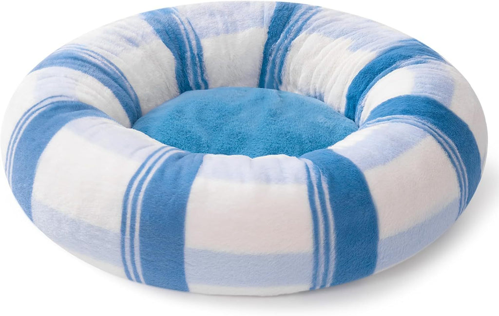 MEWOOFUN Plush Round Cat Bed For Indoor Cats - Calming Washable Pet Bed With Non-Slip Bottom, Soft Fluffy Dog Bed For Puppy & Kitten, 23 Inch Blue Striped