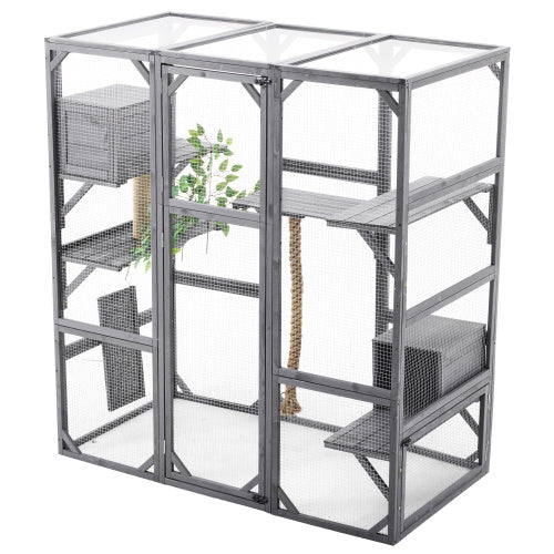 Outdoor Cat House Cat Enclosure, Cat Catio With Double Enter Doors  62.8 L X 32.2 W X68.5 H Balcony Cat Playpen With Platforms And Two Condos For 1-3 Cats  Light Grey