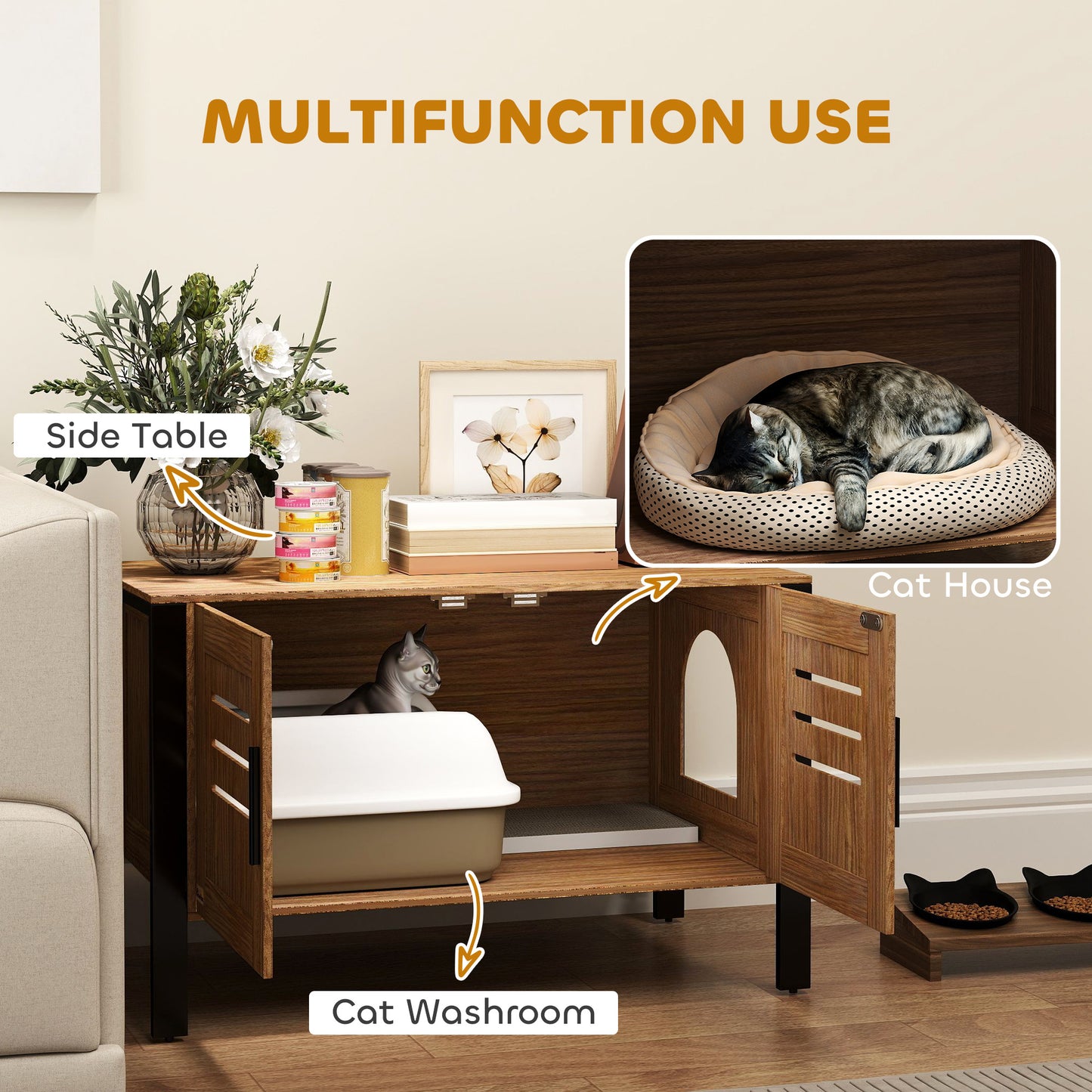 Cat Litter Box Enclosure With Tall Legs, Scratching Board, Dark Brown, 31.5L X 17.7W X 19.7H