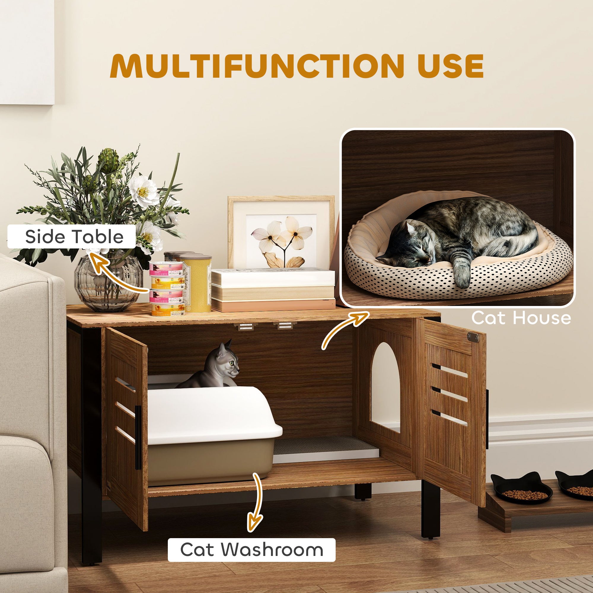 Cat Litter Box Enclosure With Tall Legs, Scratching Board, Dark Brown, 31.5L X 17.7W X 19.7H