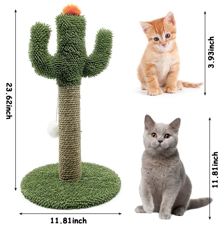 Cactus Cat Climbing Tree 2-in-1 - Solid Wood Base Natural Sisal Scratching Pillar With Hanging Ball Toy, Indoor Cat Multi-level Activity Center