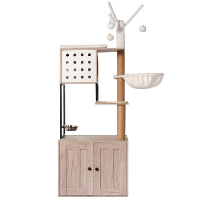 Cat Tree With Litter Box Enclosure - Modern Cat Condo With Scratching Posts, Feeding Bowl  Removable Pompom Sticks, Gray