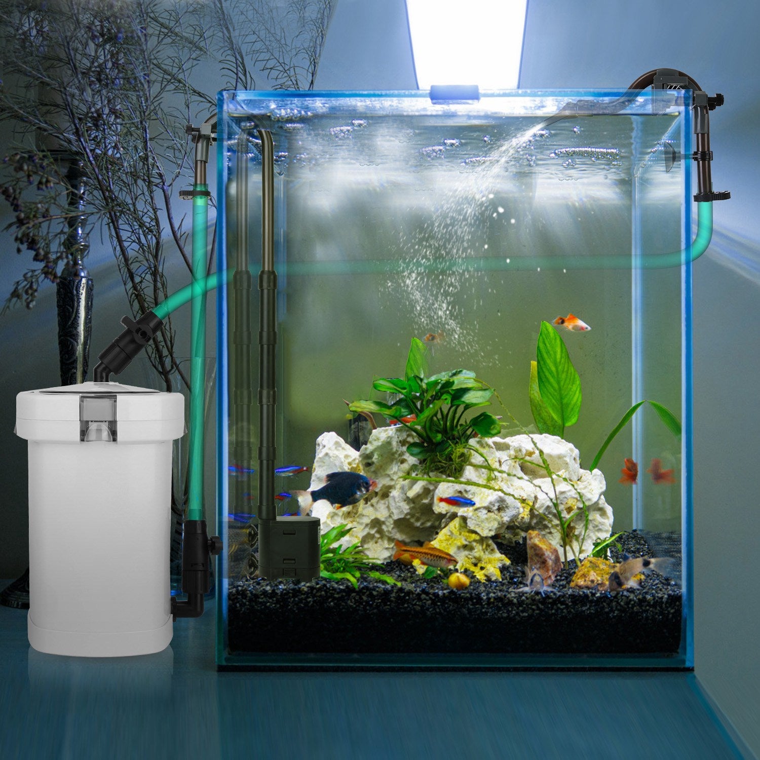 1Pc 3-Stage External Canister Filter For Aquarium Fish Tank With 600L-H Flow Rate 35.4in Max Height 6W Easy Installation Silent
