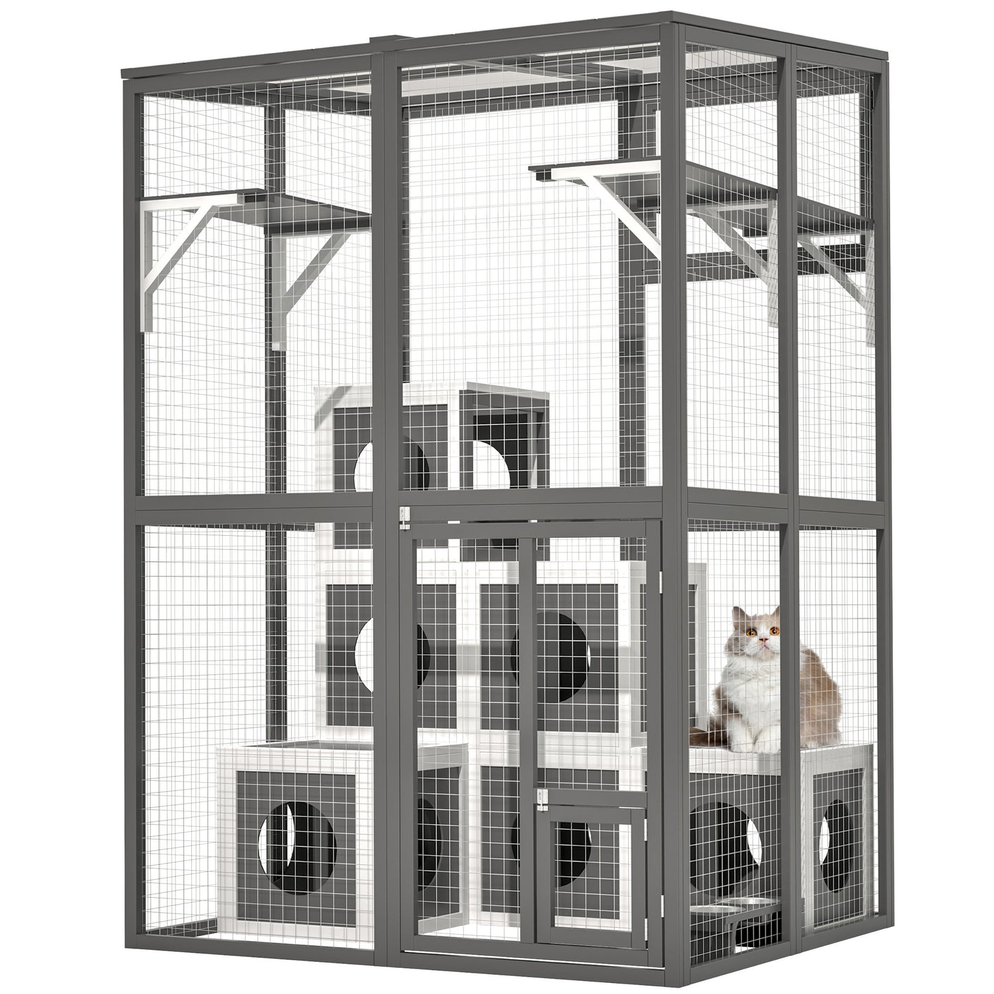 Outdoor Wooden Cat Catio - Large Solid Wood Cat Cage Playpen With 2 Jumping Platforms & 7 Napping Houses, Walk-in Cat Kennel Condo Shelter, Grey