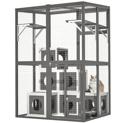 Outdoor Wooden Cat Catio - Large Solid Wood Cat Cage Playpen With 2 Jumping Platforms & 7 Napping Houses, Walk-in Cat Kennel Condo Shelter, Grey