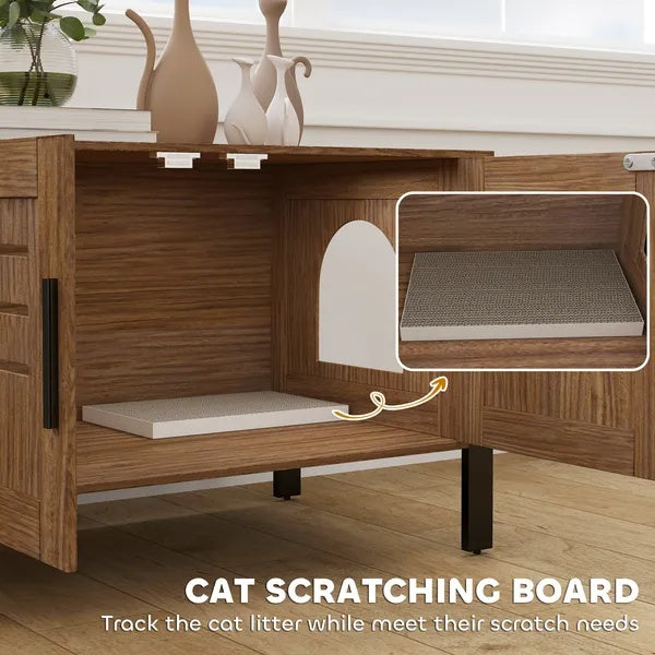 Cat Litter Box Enclosure With Tall Legs, Scratching Board, Dark Brown