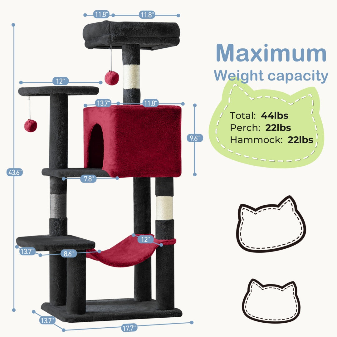 44 Inch Cat Tree Tower, Multi-Cat Climbing Tower With, Natural Sisal Scratching Posts, Extended Platform, Hammock