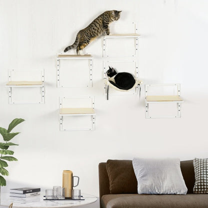 PawHut 6-pc Modern Cat Wall Shelves For Indoor Cats, Height Adjustable Jumping Platforms