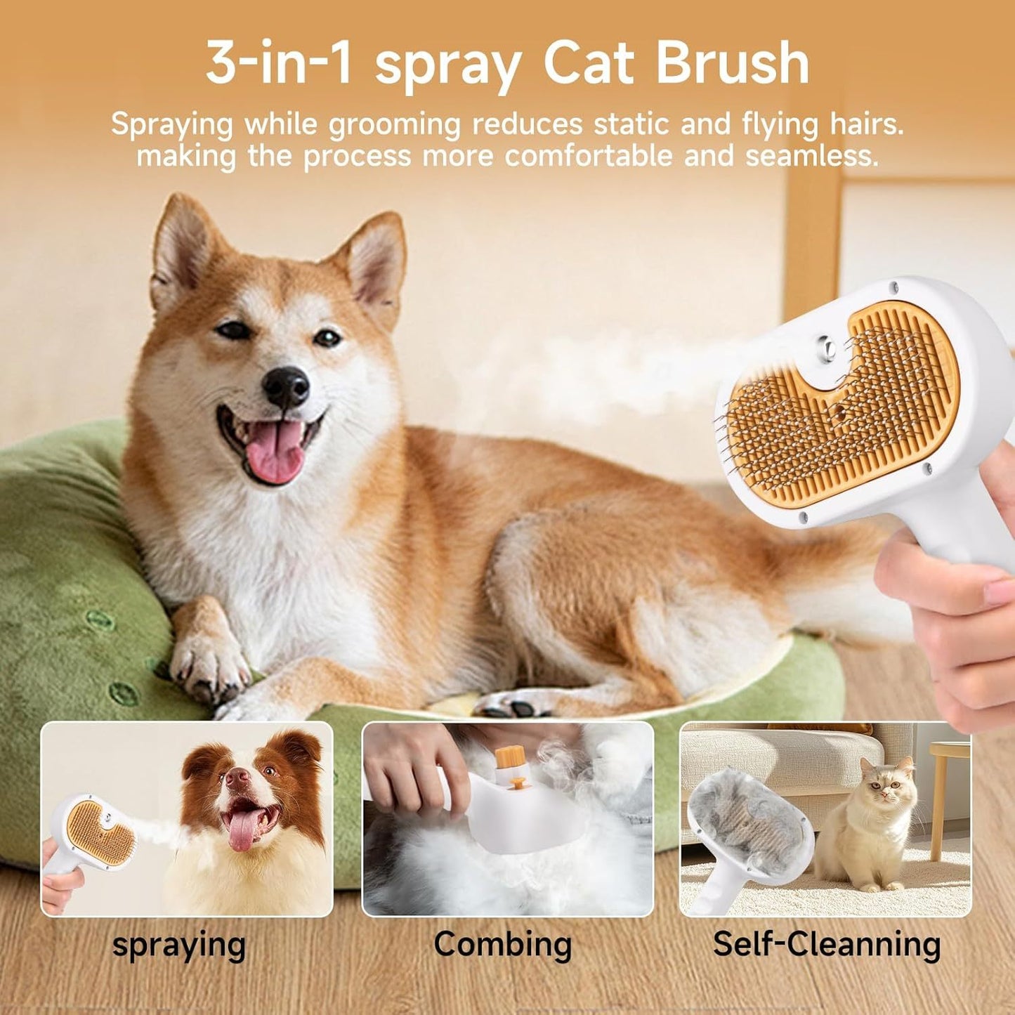 Universal Pet Steam Brush For Cats And Dogs 3-in-1 Spray Hair Removal Comb With Waterless Shampoo And Ear Towel