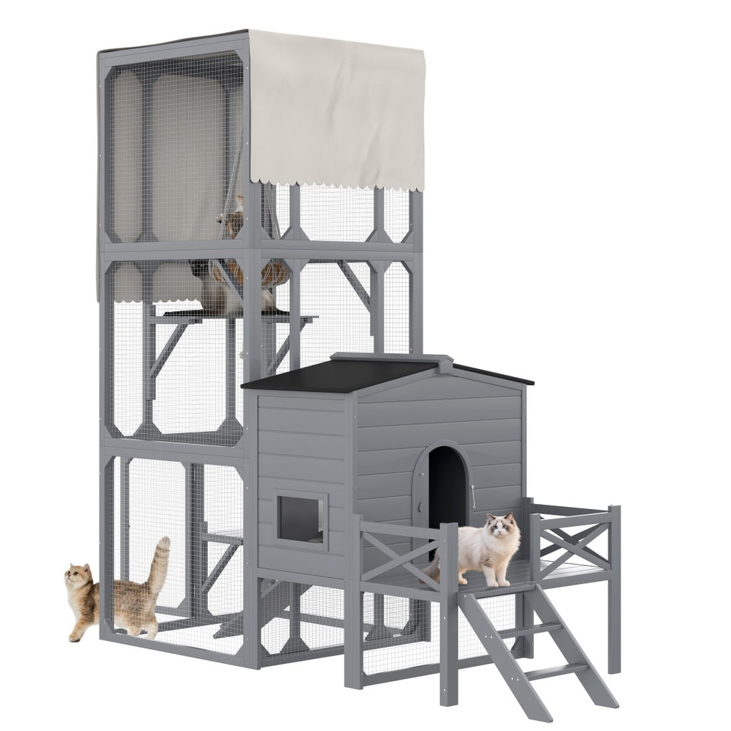 Catio Cat House Outdoor Large Cat Enclosure, Wooden Cat Cage For Multiple Cats With Jumping Platforms And Cat Swing, Removable Waterproof Cover, UV Resistant, 2 Combination, Gray