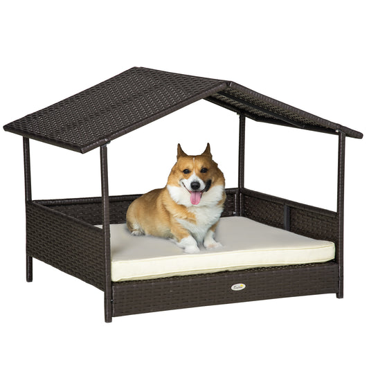 Wicker Dog Bed Outdoor Elevated With Rattan Canopy Cushioned PE Rattan Dog Cat House Sleeping Pad Cream