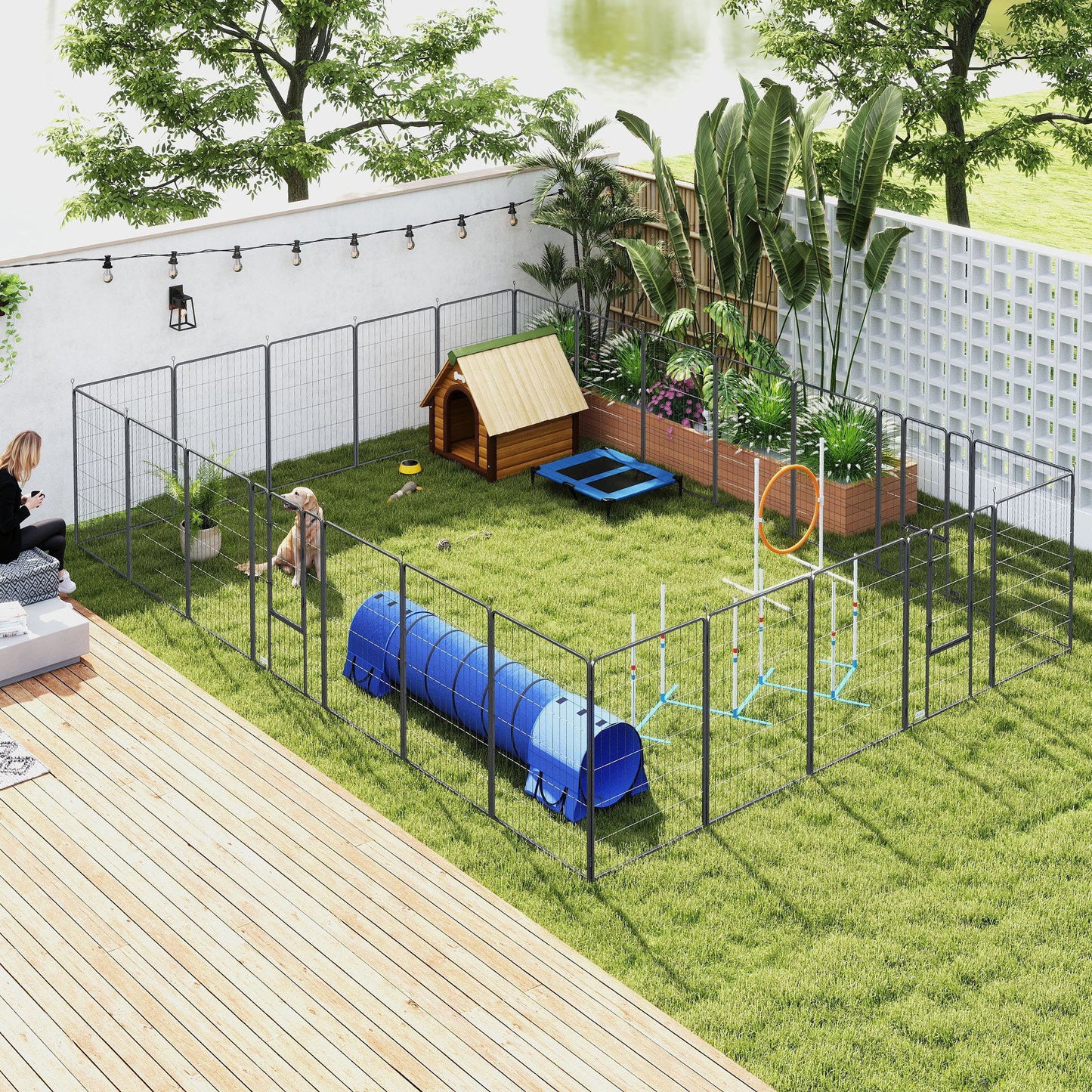 Dog Playpen For Indoor Outdoor, 24 Panels 44.5 H Puppy Playpen With Lockable Door, DIY Shape Pet Exercise Fence, Black