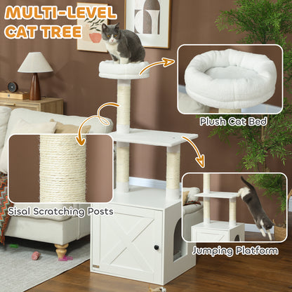 Cat Tree With Litter Box Enclosure, Scratching Posts, Bed, Climbing Platforms For Indoor Cats, White