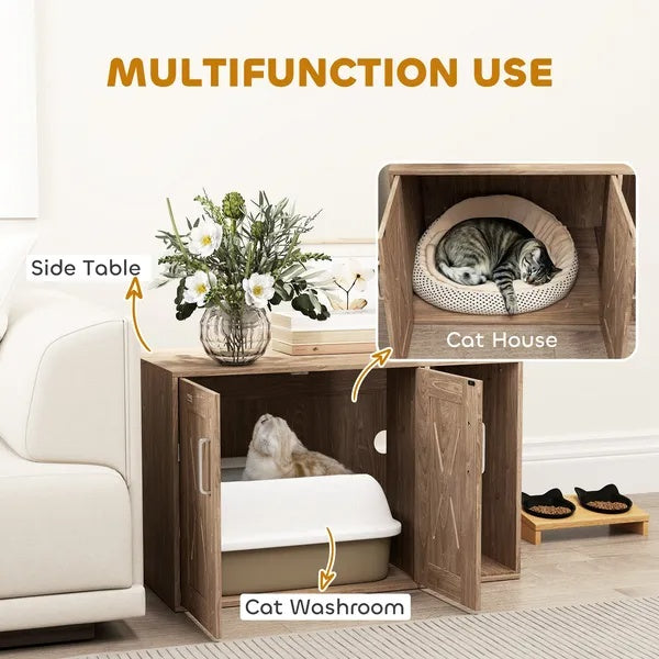 Cat Litter Box Enclosure With Scratching Board, Cat Washroom End Side Table, 31.5 X 19 X 20 Inch, Walnut Brown