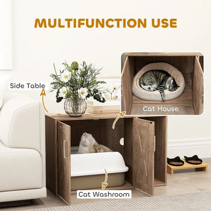 Cat Litter Box Enclosure With Scratching Board, Cat Washroom End Side Table, 31.5 X 19 X 20 Inch, Walnut Brown