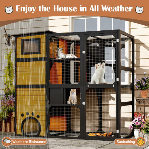 GO Large Cat Catio 4 Tiers Cat Enclosure For Outdoor, Cat House Weatherproof Attached To Window For Multiple Cats With Platforms And Resting Rooms, Brown