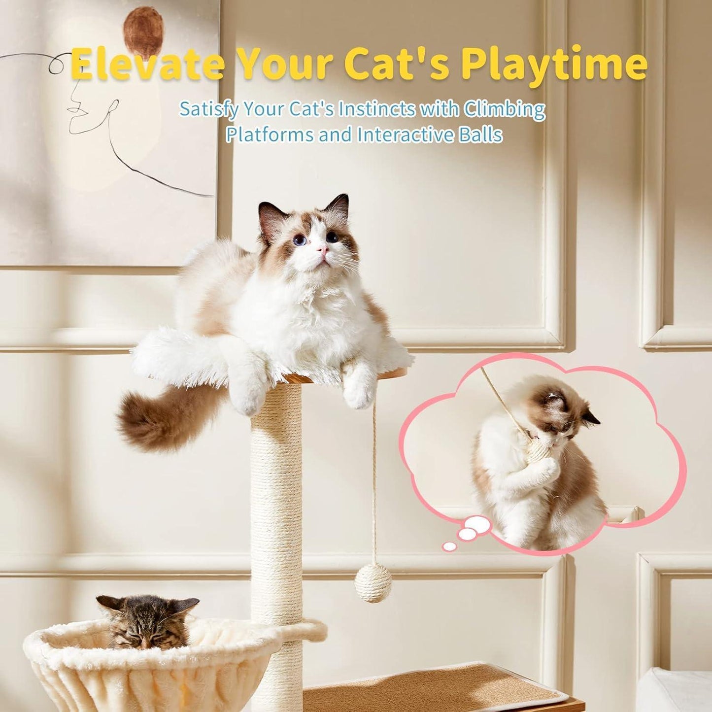 Solid Wood Cat Tree And Tower With Litter Box, Cat Scratching Board And Hammock For Indoor Large Cats