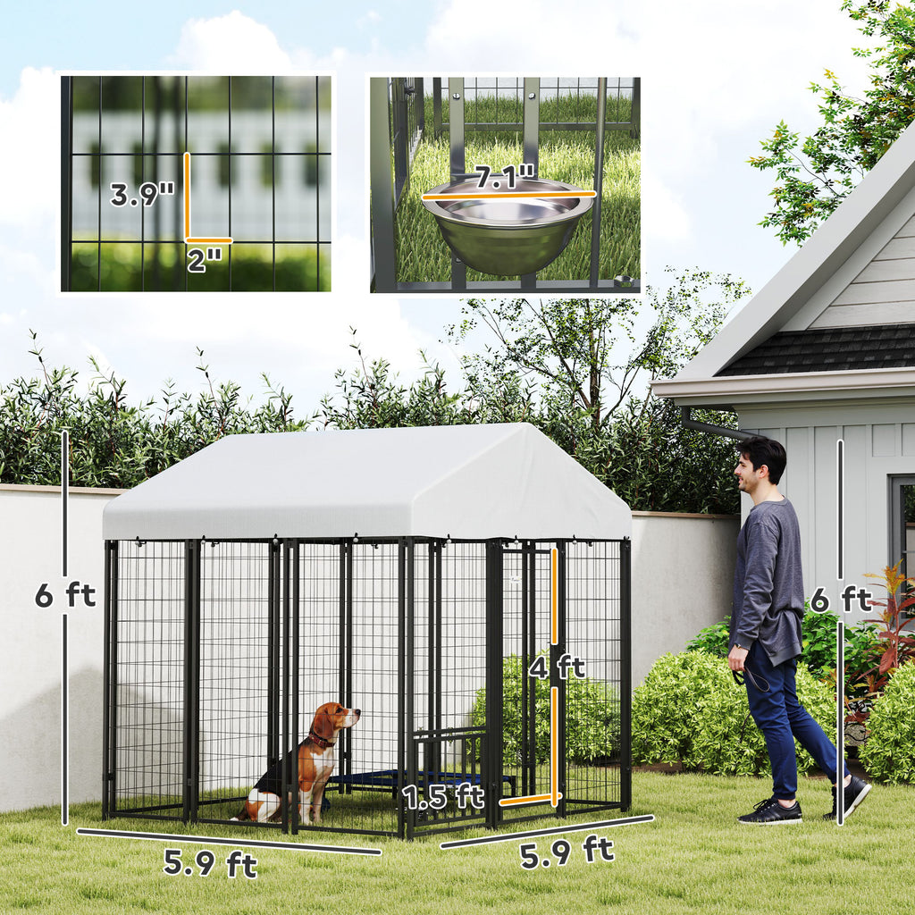 5.9 X 5.9 X 6 Outdoor Dog Kennel With Roof, Rotating & 4-Level Adjustable Bowls