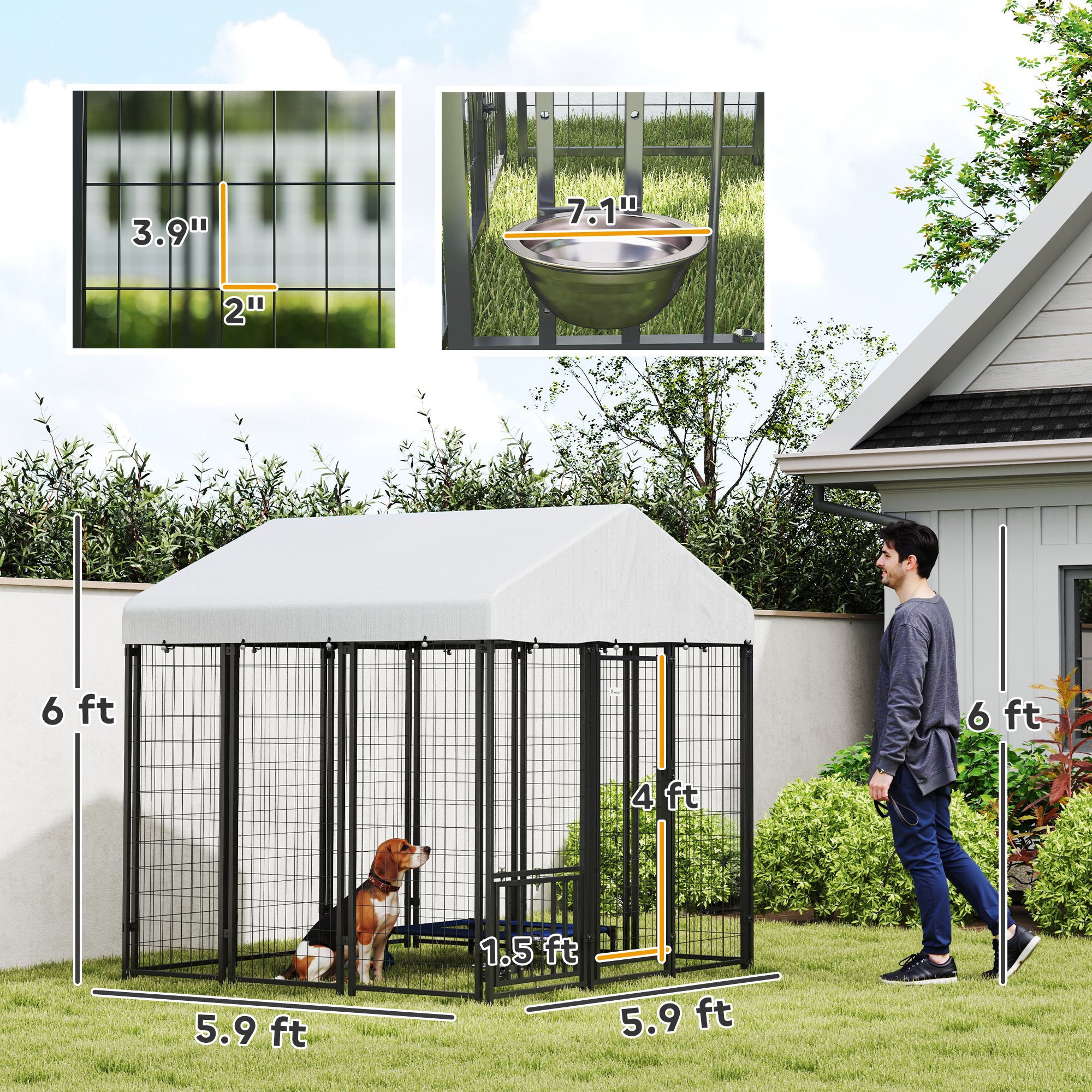 5.9 X 5.9 X 6 Outdoor Dog Kennel With Roof, Rotating & 4-Level Adjustable Bowls