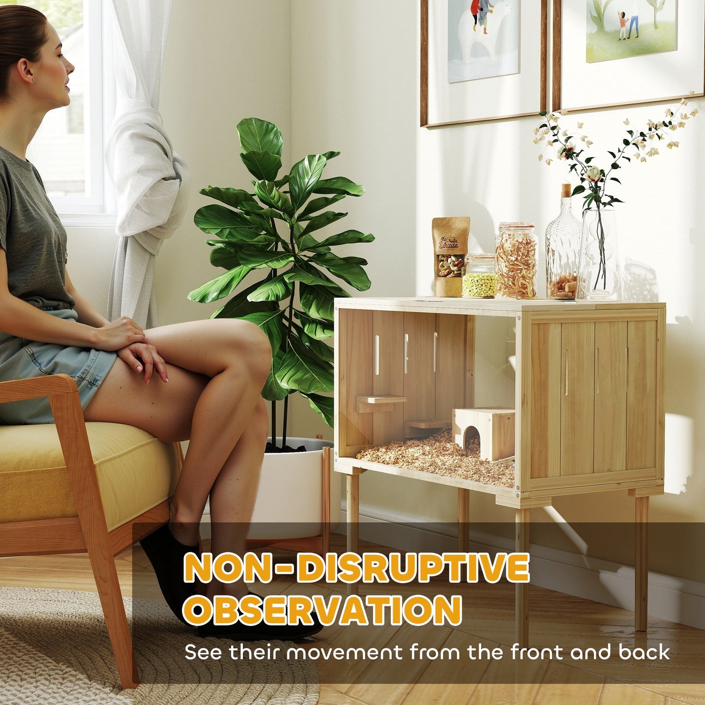 Wooden Hamster Cage With Legs, Gerbil Cage For Syrian, Dwarf, Mouse, 28 X 16 X 29.5, Nature Wood