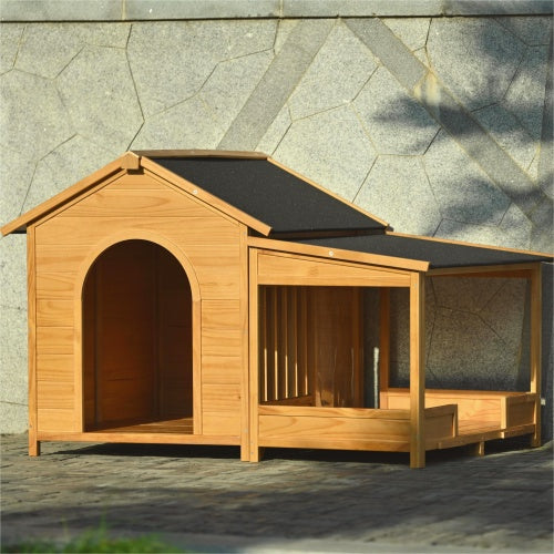 60.2 Large Wooden Dog House With Porch, Cabin Style Dog Crate With Asphalt Roof And Elevated Floor, Dog Kennel With Side Window And Doors, Perfect For Medium & Large Dogs, Nature