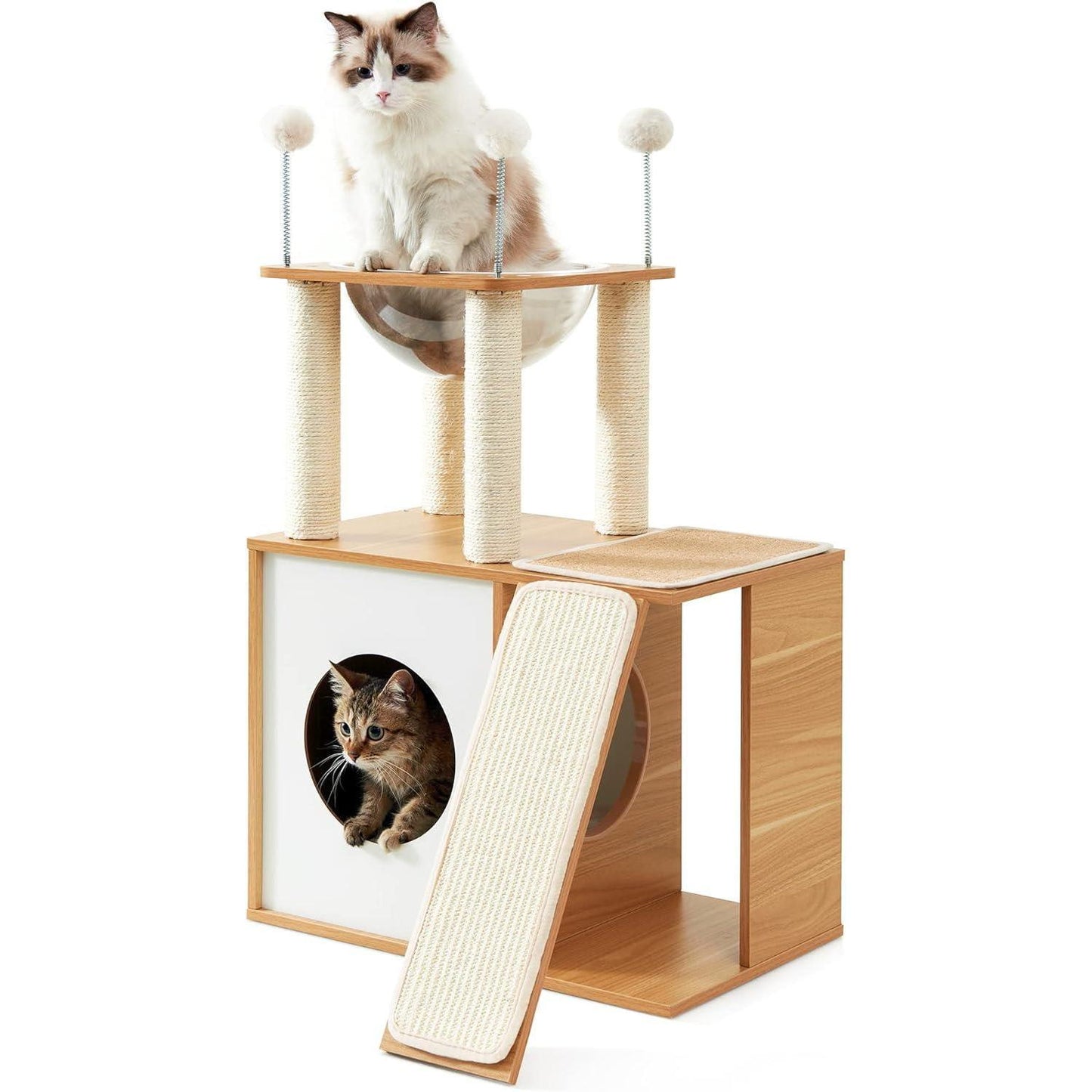 Indoor Wooden Cat Climbing Frame Cat Tower Cat House With Cat Scratching Board Ramp Suitable For Large Cats And Kittens