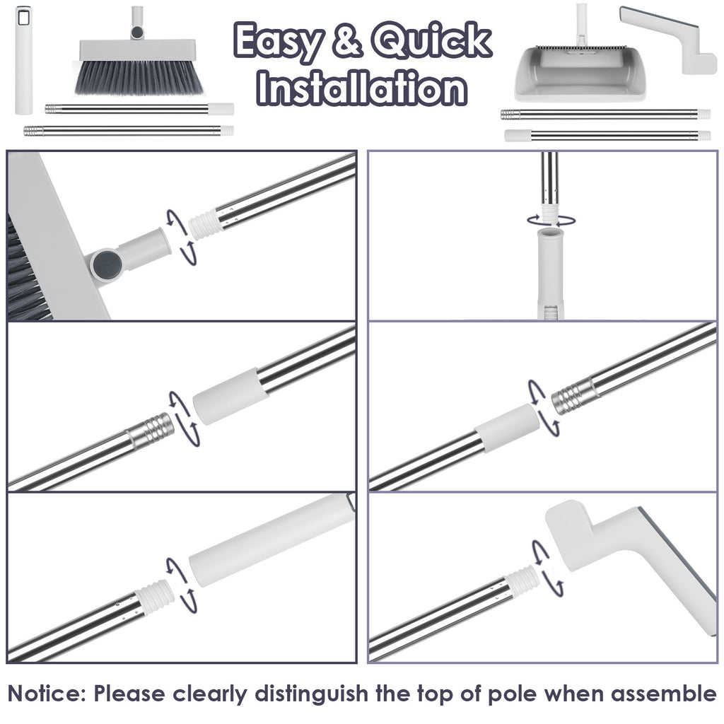 1Set Broom And Dustpan Combo Set With Squeegee Stainless Steel Handle 4 In 1 Upright Standing Broom And Dust Pan For Indoor Outdoor Garage Kitchen Room Office Sweeping