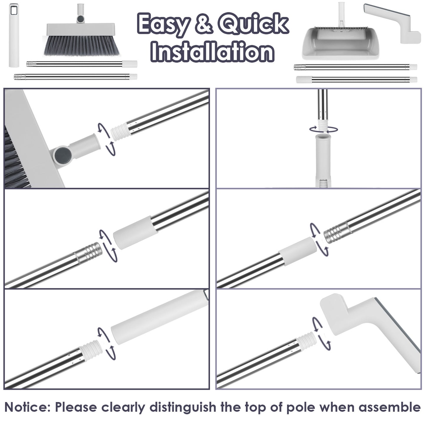 1Set Broom And Dustpan Combo Set With Squeegee Stainless Steel Handle 4 In 1 Upright Standing Broom And Dust Pan For Indoor Outdoor Garage Kitchen Room Office Sweeping