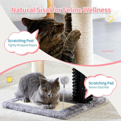 Small 4-in-1 Cat Tree Tower With Self-grooming Brush And Natural Sisal Scratching Post, Soft Plush Cat Bed And Hanging Ball, Suitable For Indoor Kittens