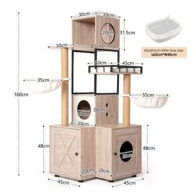 63 Multi-Functional Cat Tree With Litter Box - Includes Removable Washable Cushion, Scratching Posts  Toy Hanger, Modern Design, Rustic Gray