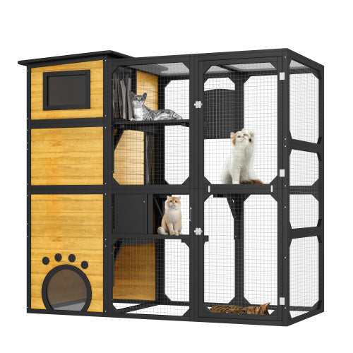 GO Large Cat Catio 4 Tiers Cat Enclosure For Outdoor, Cat House Weatherproof Attached To Window For Multiple Cats With Platforms And Resting Rooms, Brown