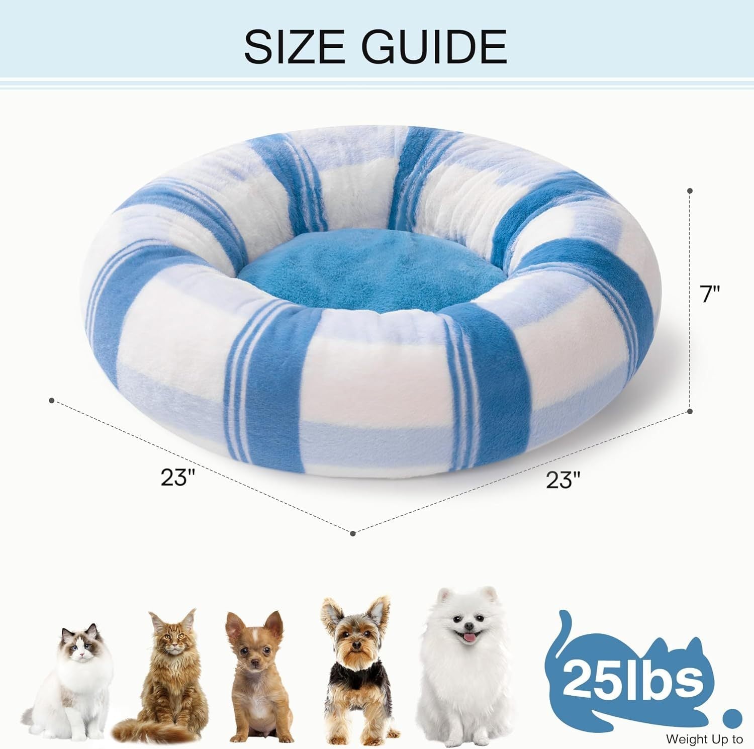 MEWOOFUN Plush Round Cat Bed For Indoor Cats - Calming Washable Pet Bed With Non-Slip Bottom, Soft Fluffy Dog Bed For Puppy & Kitten, 23 Inch Blue Striped