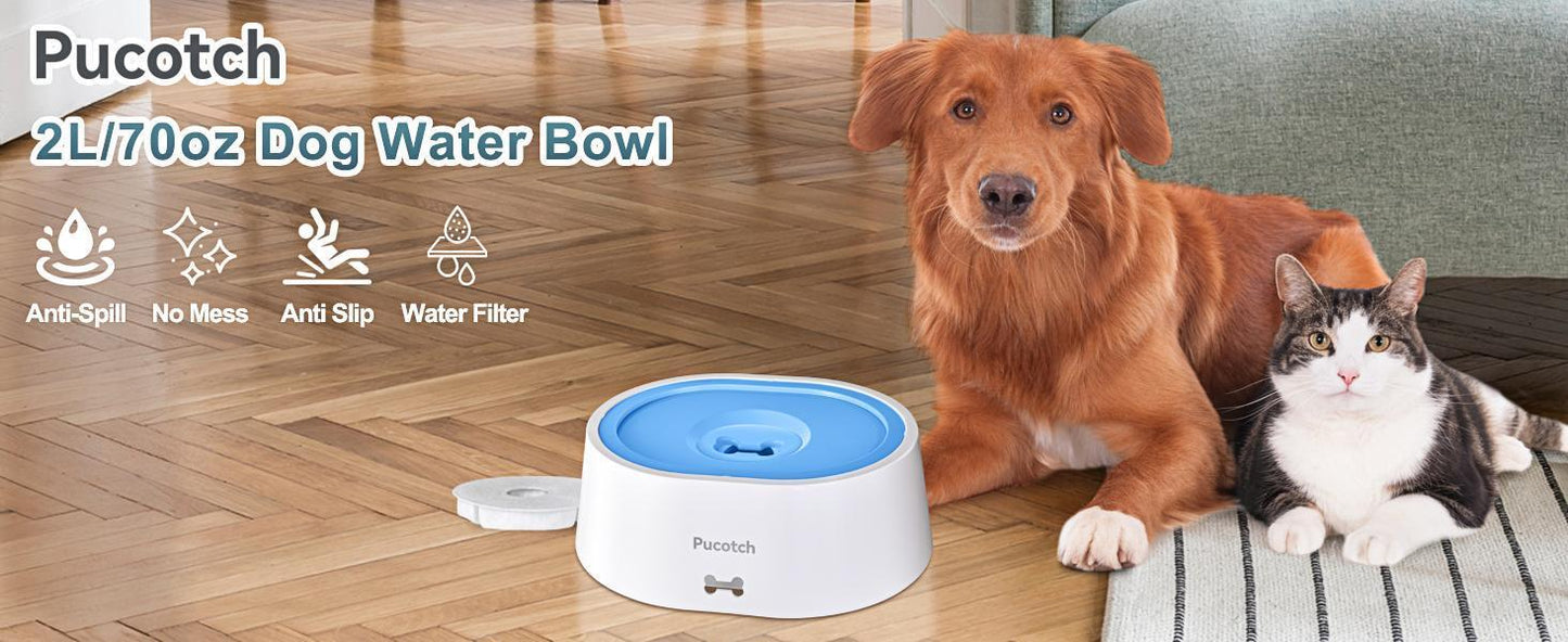 2L 70oz Spill-Proof Dog Slow Flow Drinking Bowl With Activated Carbon Filter