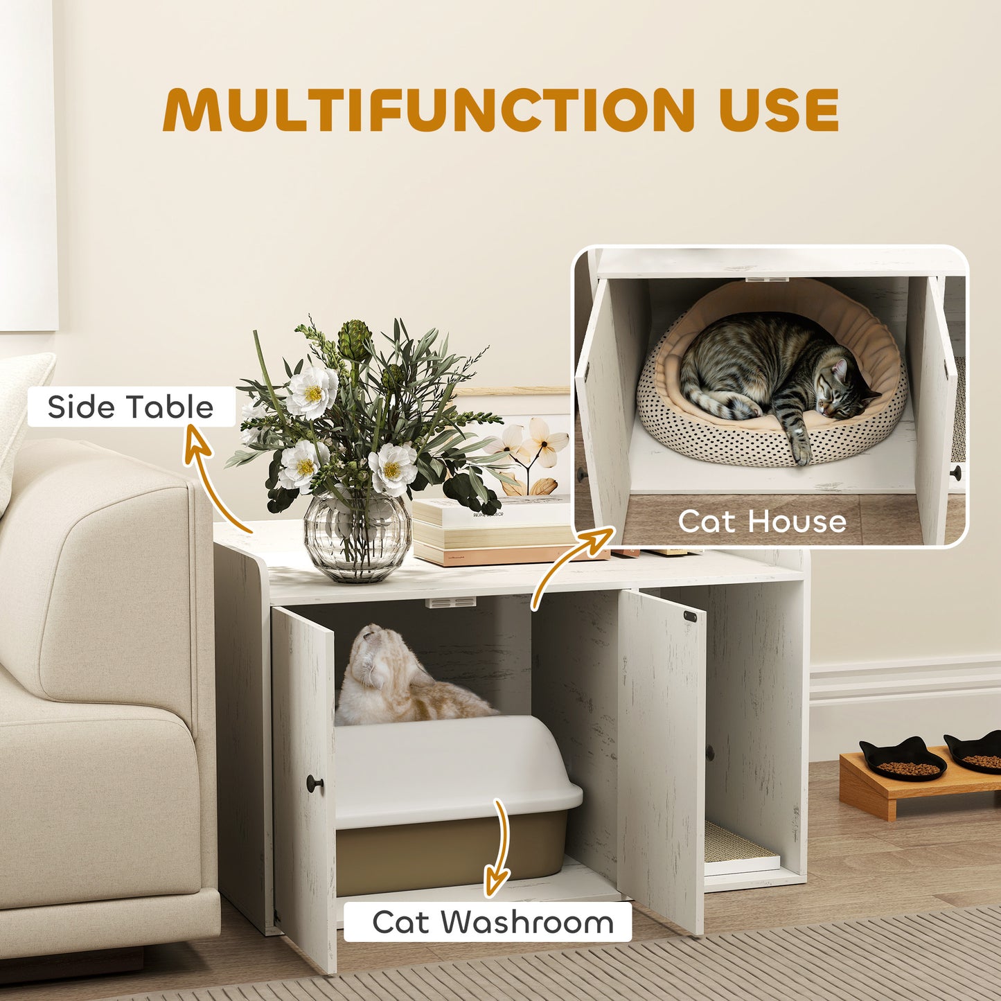32 Cat Litter Box Enclosure With Scratching Mat, Cat Entrance, Fit Most Of Cat And Litter Box, Distressed White