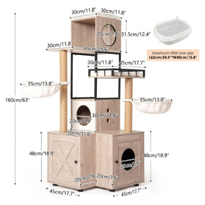63 Multi-Functional Cat Tree With Litter Box - Includes Removable Washable Cushion, Scratching Posts  Toy Hanger, Modern Design, Rustic Gray
