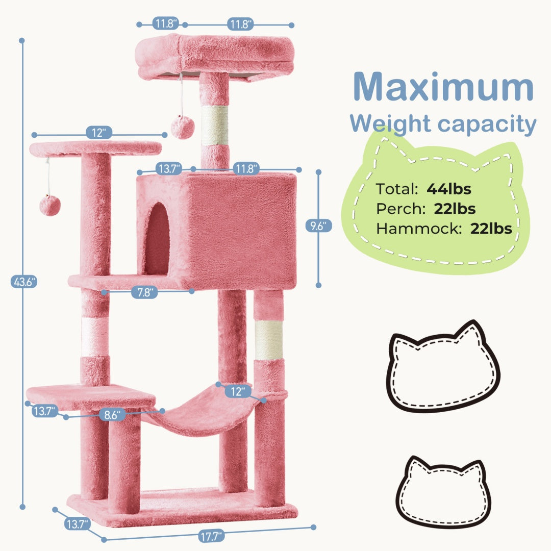 44 Inch Cat Tree Tower, Multi-Cat Climbing Tower With, Natural Sisal Scratching Posts, Extended Platform, Hammock