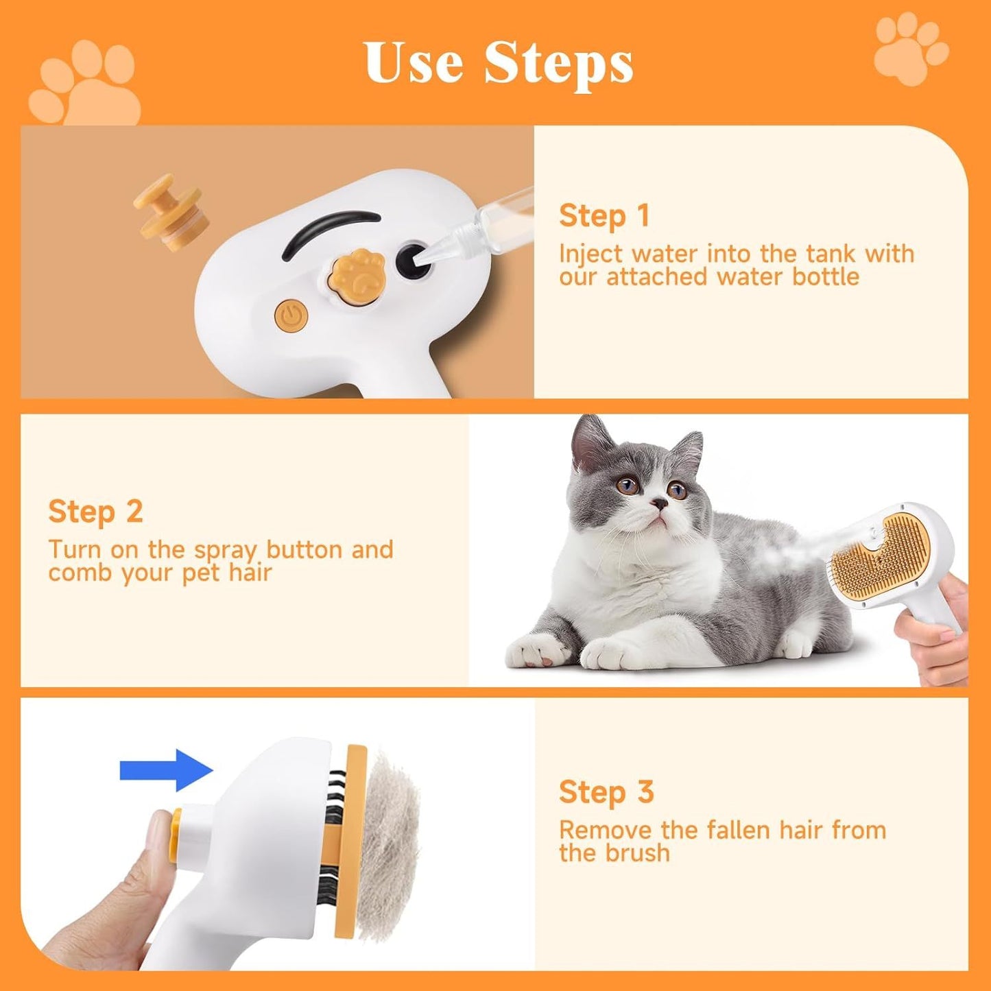 Universal Pet Steam Brush For Cats And Dogs 3-in-1 Spray Hair Removal Comb With Waterless Shampoo And Ear Towel