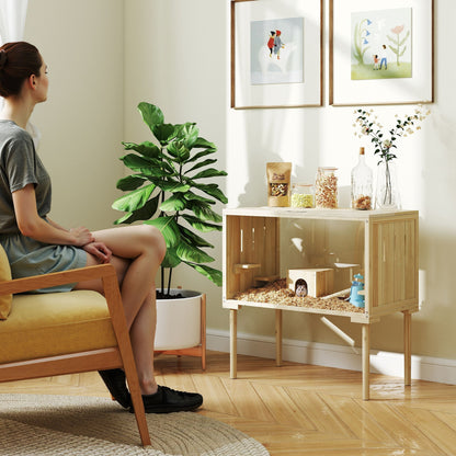 Wooden Hamster Cage With Legs, Gerbil Cage For Syrian, Dwarf, Mouse, 28 X 16 X 29.5, Nature Wood