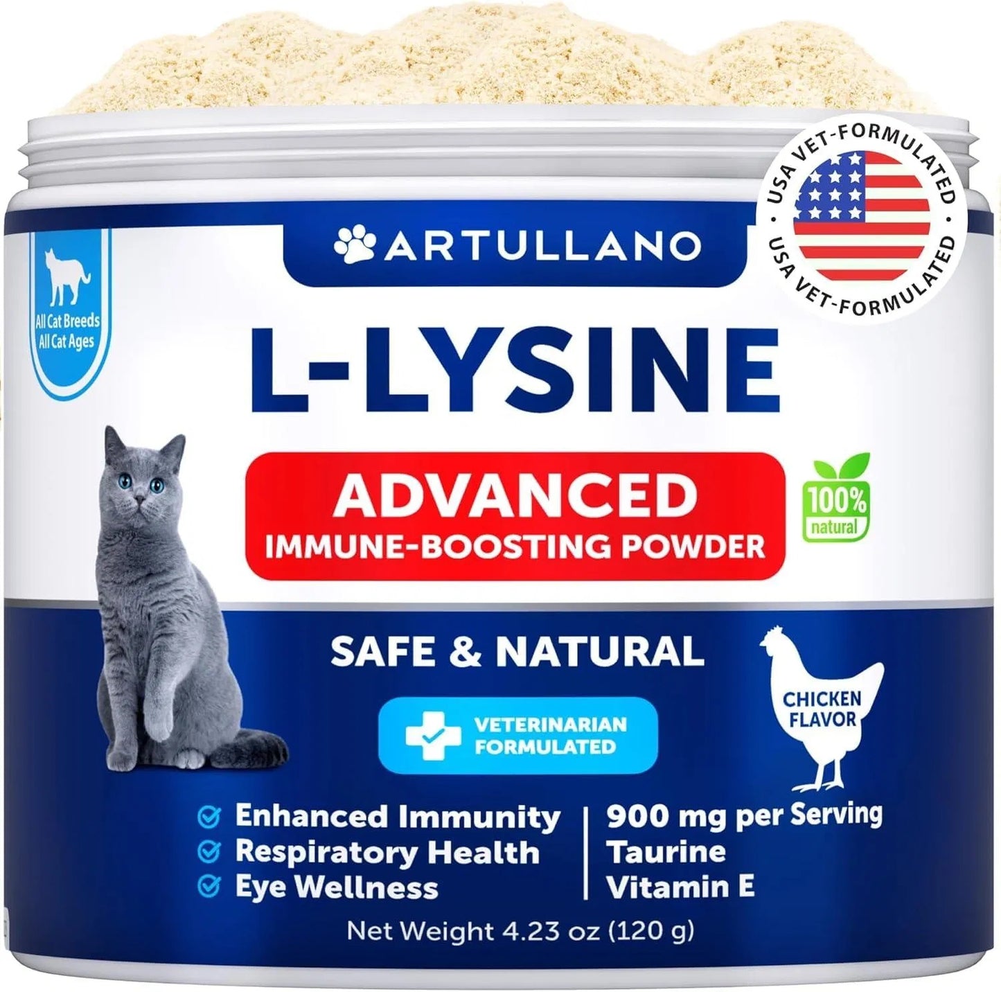 L-Lysine For Cats Lysine Powder Supplement 900mg Serving Immune Support For Cats & Kittens Sneezing Runny Nose Squinting Watery Eyes Cold Eye Respiratory Health With Taurine