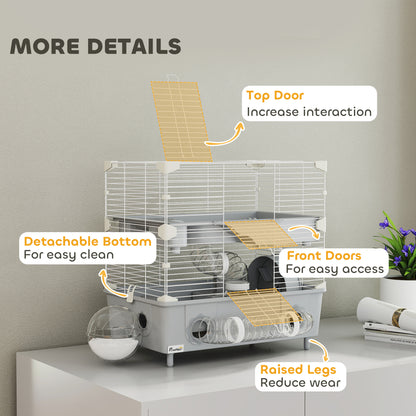 2-Tier Hamster Cage With Sand Bathroom, Running Wheel, Water Bottle, Tubes, Accessories, For Hamster, Gray