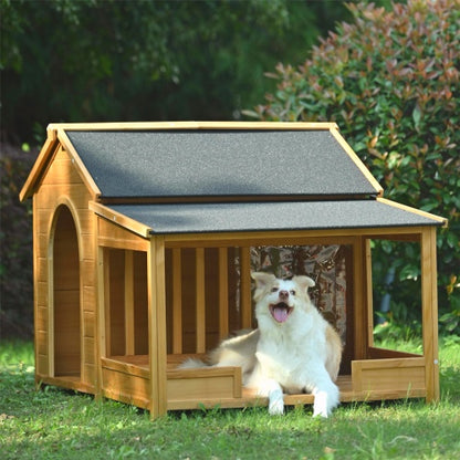 60.2 Large Wooden Dog House With Porch, Cabin Style Dog Crate With Asphalt Roof And Elevated Floor, Dog Kennel With Side Window And Doors, Perfect For Medium & Large Dogs, Nature