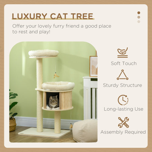 PawHut 3 Level Cat Tree With Sisal Scratching Posts  Cat Badminton Toy For Playing  Soft Cushions  Play Areas