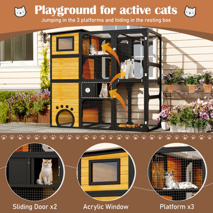 GO Large Cat Catio 4 Tiers Cat Enclosure For Outdoor, Cat House Weatherproof Attached To Window For Multiple Cats With Platforms And Resting Rooms, Brown