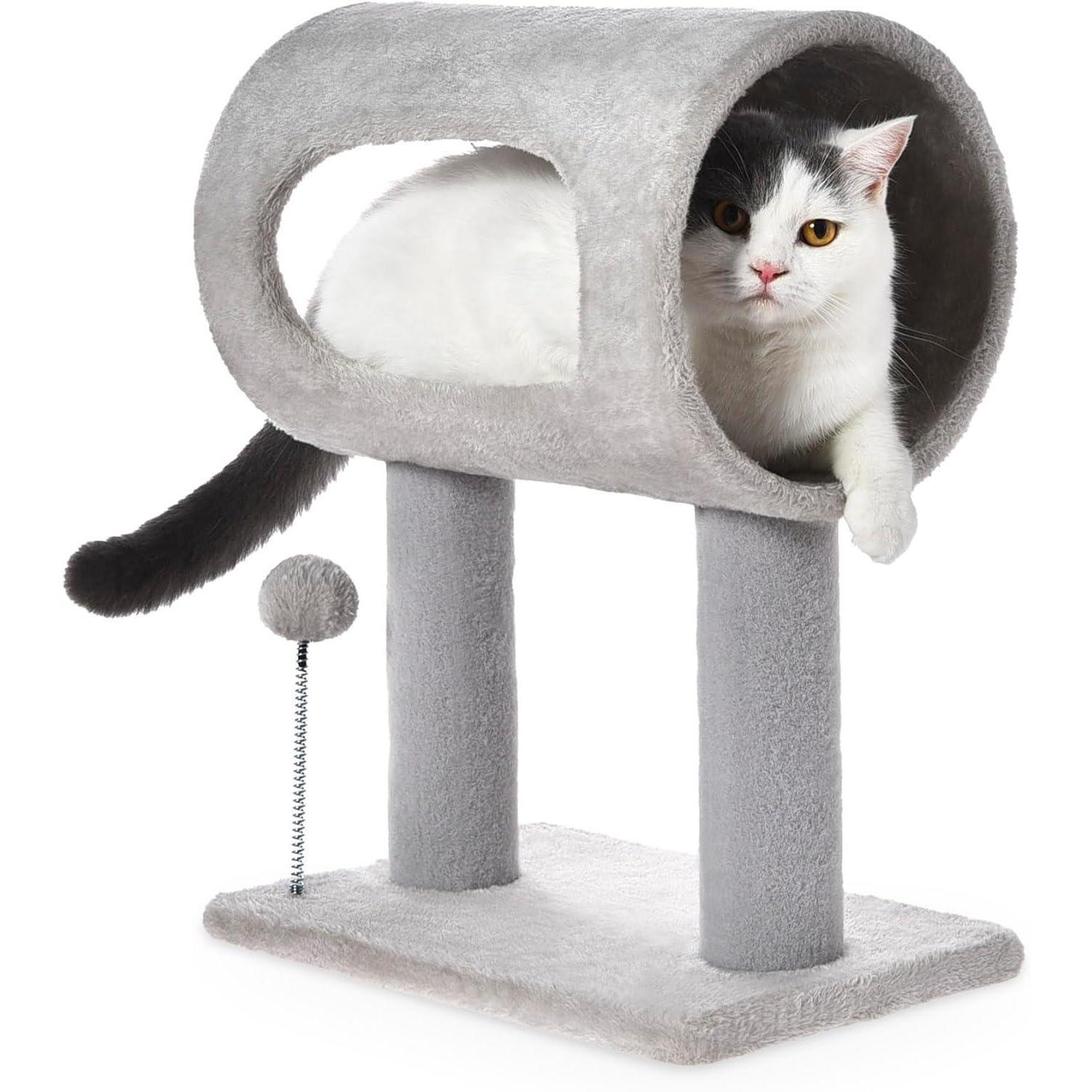 Gray Indoor Cat Tree With Hanging Ball 20.5Cat Tree With Tunnel Bed And Scratching Post Cat Tower